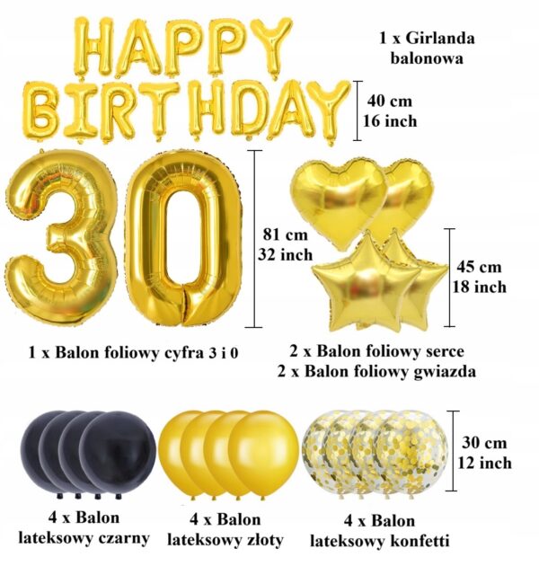 Oro Party Złoty zestaw XL balonowych dekoracji urodzinowych na 30 urodziny - obrazek 2