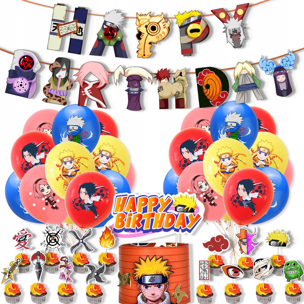 Oro Party Zestaw balonowych dekoracji urodzinowych Naruto + Girlanda Topper