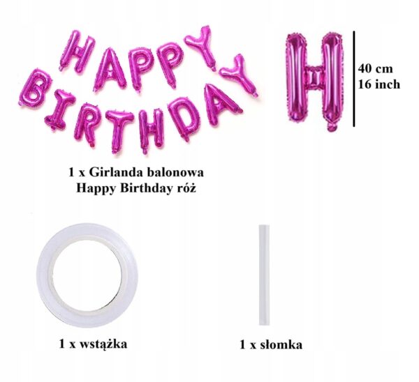 Oro Party Balonowa Dekoracja Girlanda balonowa Happy Birthday Różowa 40 cm - obrazek 2