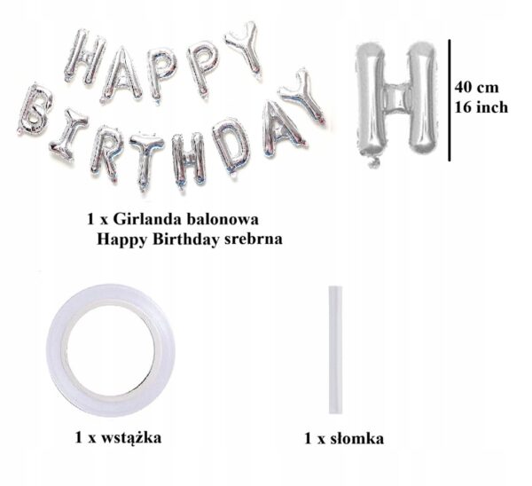 Oro Party Balonowa Dekoracja Girlanda balonowa Happy Birthday Srebrna 40 cm - obrazek 2