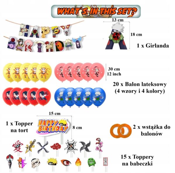 Oro Party Zestaw balonowych dekoracji urodzinowych Naruto + Girlanda Topper - obrazek 2
