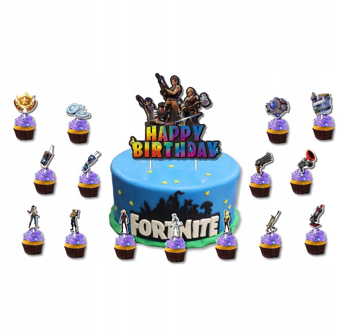 Oro Party GRA FORTNITE DUŻY TOPPER NA TORT + 15 SZT TOPPERÓW NA BABECZKI