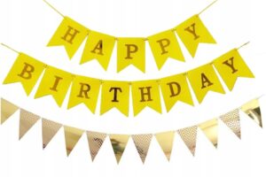 BANER GIRLANDA Z NAPISEM HAPPY BIRTHDAY I GIRLANDA TRÓJKĄTY FLAGI ZŁOTE