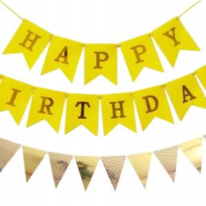 BANER GIRLANDA Z NAPISEM HAPPY BIRTHDAY I GIRLANDA TRÓJKĄTY FLAGI ZŁOTE