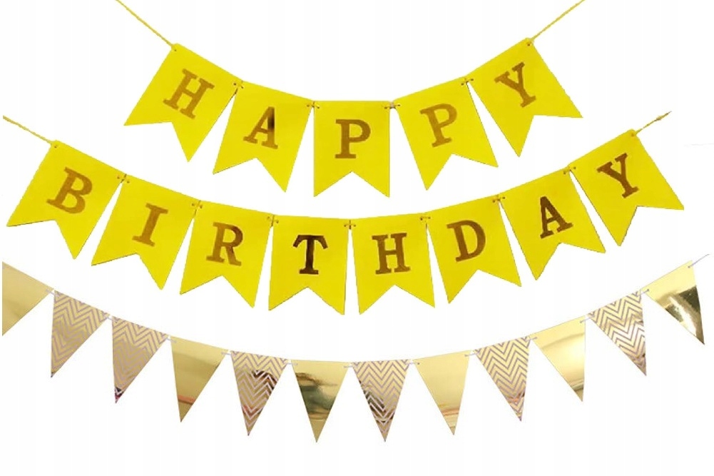BANER GIRLANDA Z NAPISEM HAPPY BIRTHDAY I GIRLANDA TRÓJKĄTY FLAGI ZŁOTE