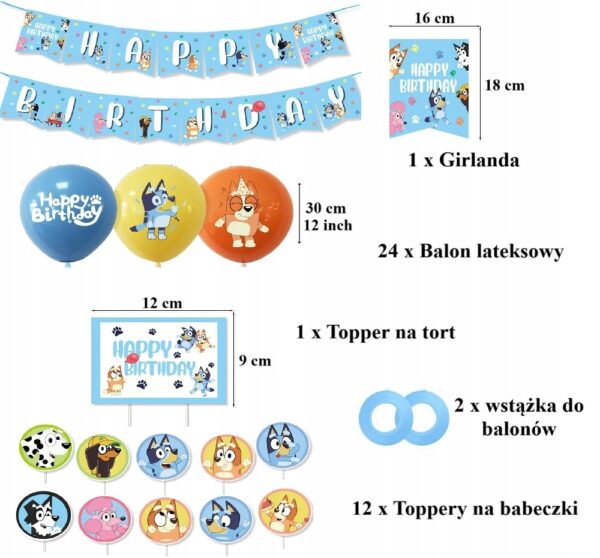 Oro Party Zestaw balonowych dekoracji urodzinowych Bluey Blue + Girlanda - obrazek 2