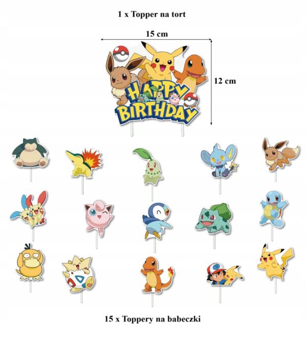 Oro Party POKEMON PIKACHU DUŻY TOPPER NA TORT + 15 SZT TOPPERÓW NA BABECZKI - obrazek 2