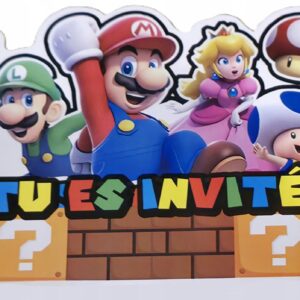 12 SZTUK ZAPROSZENIA URODZINOWE DLA DZIECI SUPER MARIO + KOPERTY + NAKLEJKI