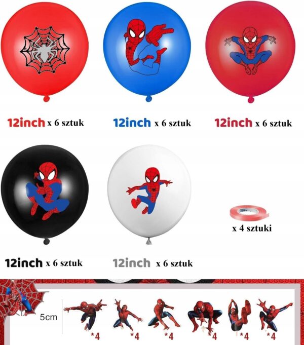 Spiderman Zestaw Dekoracji Urodzinowych 30 cm Balony 24 szt Topper babeczki - obrazek 2