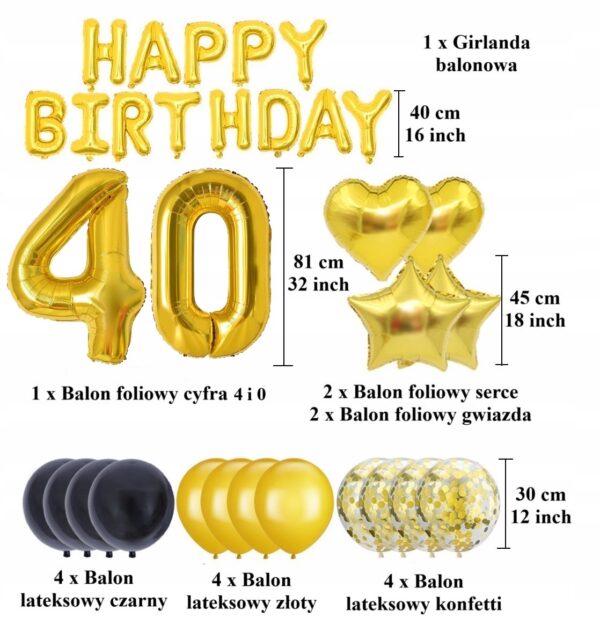 Oro Party Złoty zestaw XL balonowych dekoracji urodzinowych na 40 urodziny - obrazek 2