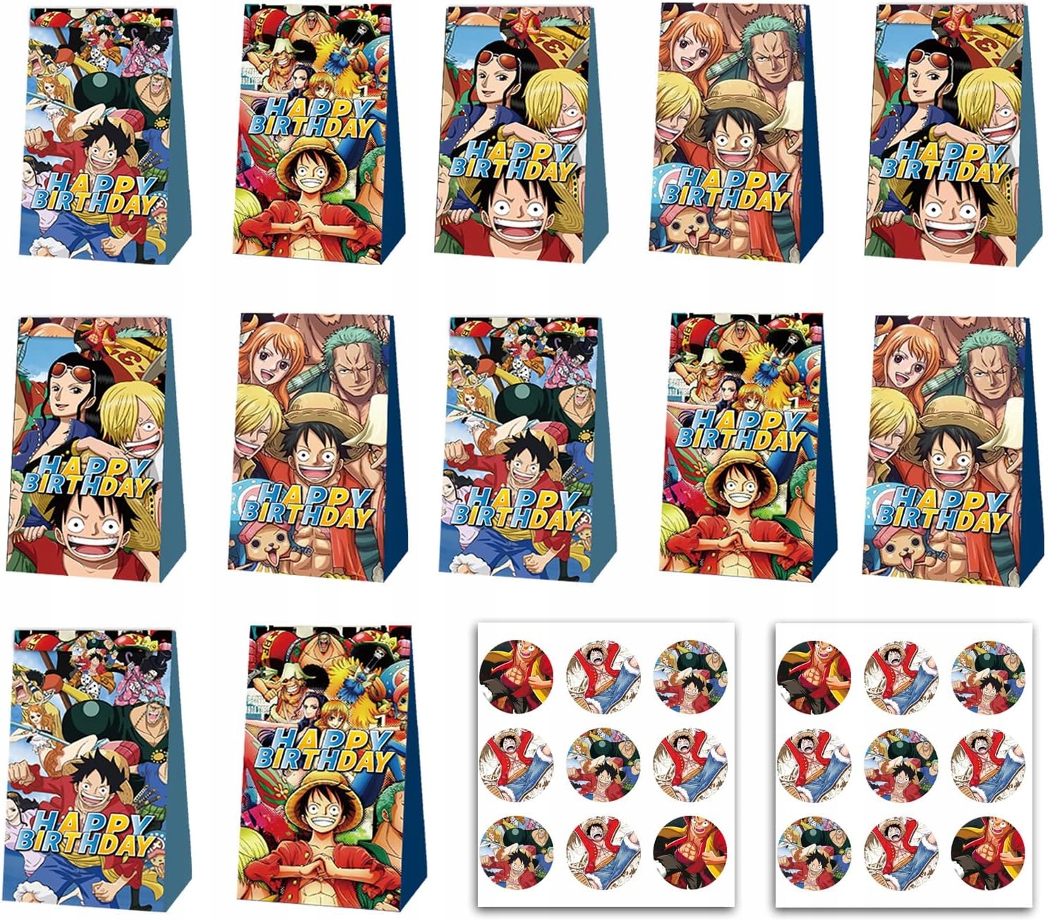 Torebki papierowe prezentowe podziękowania One Piece 12szt z naklejkami