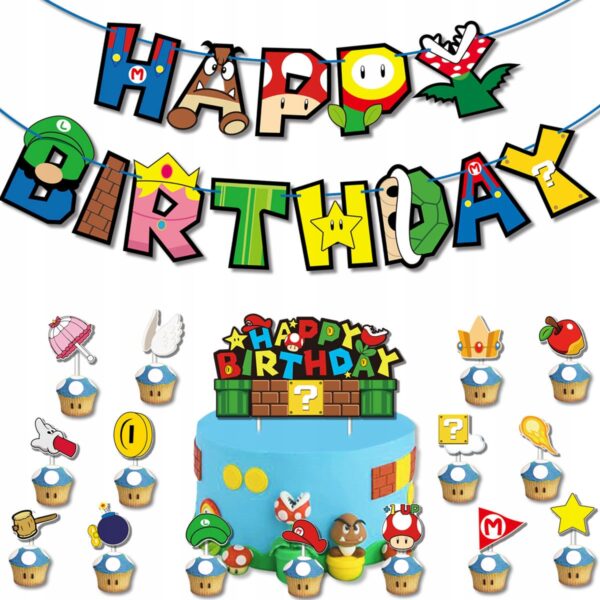 Oro Party Zestaw balonowych dekoracji urodzinowych Super Mario + Girlanda - obrazek 3
