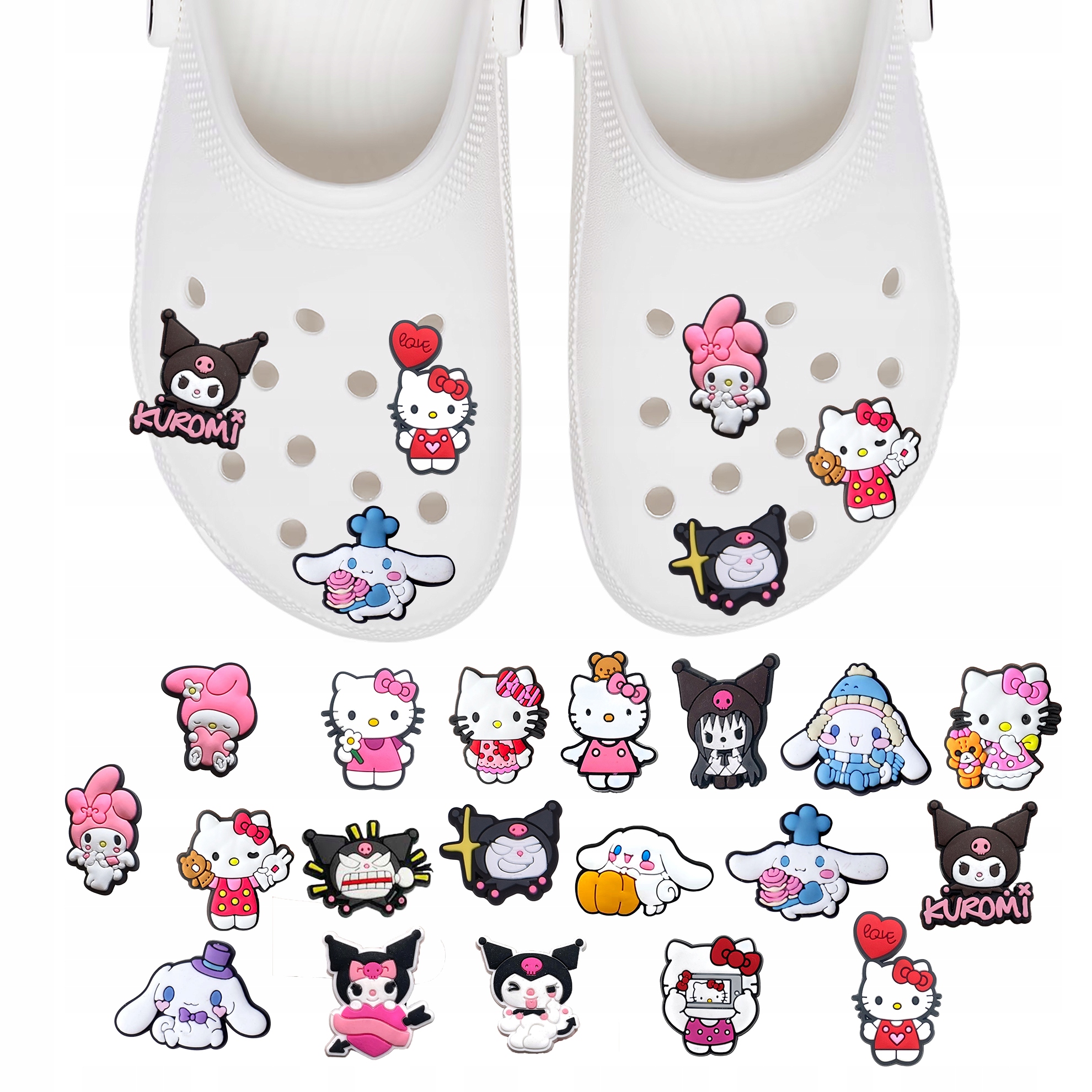 Przypinki do Crocs HELLO KITTY do butów telefonu torby zestaw 19 szt