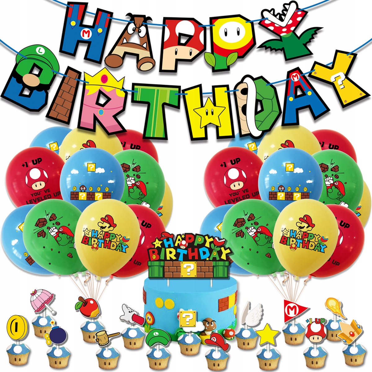 Oro Party Zestaw balonowych dekoracji urodzinowych Super Mario + Girlanda