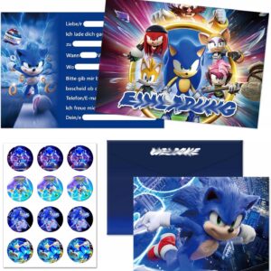 ZAPROSZENIA URODZINOWE DLA DZIECI SONIC w j.niemieckim + KOPERTY + NAKLEJKI