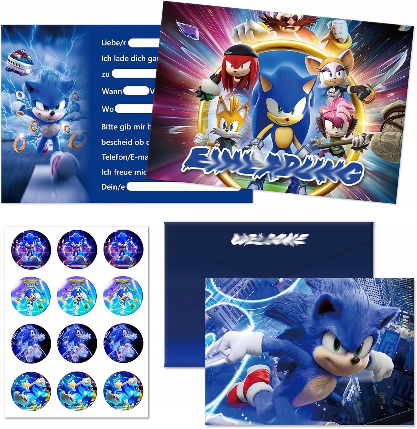 ZAPROSZENIA URODZINOWE DLA DZIECI SONIC w j.niemieckim + KOPERTY + NAKLEJKI