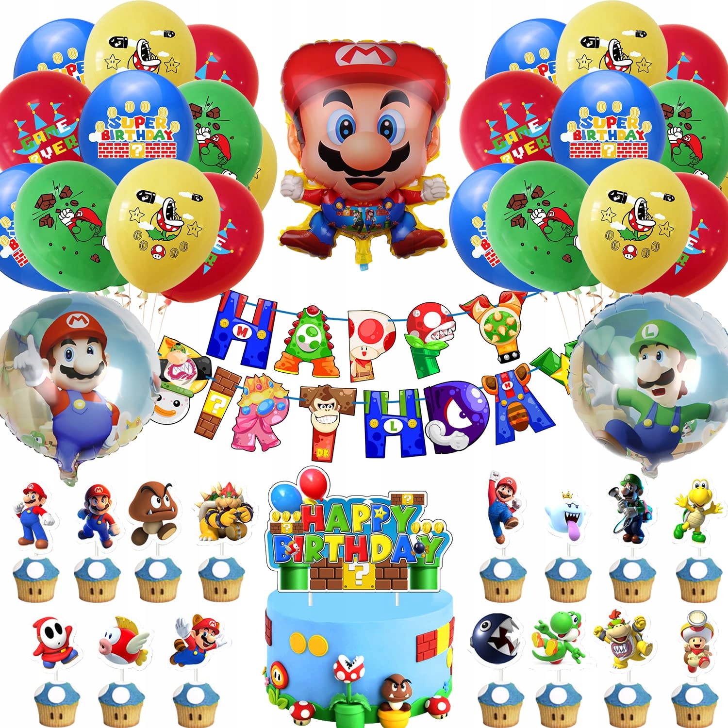 Oro Party Zestaw XL balonowych dekoracji urodzinowych Super Mario +Girlanda