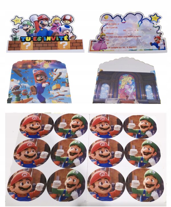 12 SZTUK ZAPROSZENIA URODZINOWE DLA DZIECI SUPER MARIO + KOPERTY + NAKLEJKI - obrazek 6