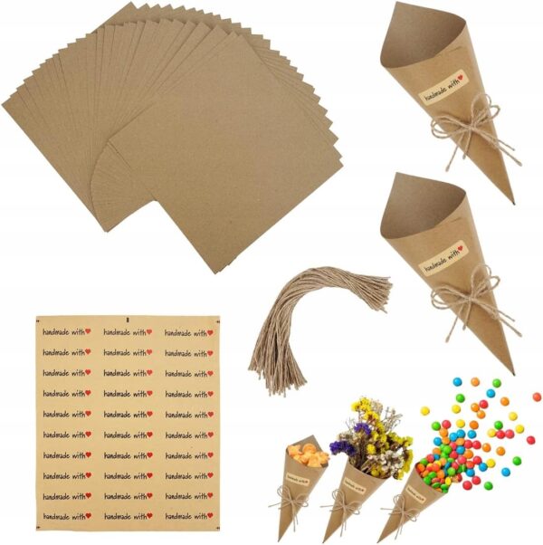 Zestaw 30 stożków z papieru kraft DIY na konfetti i ryż – dekoracje vintage na wesele i imprezy