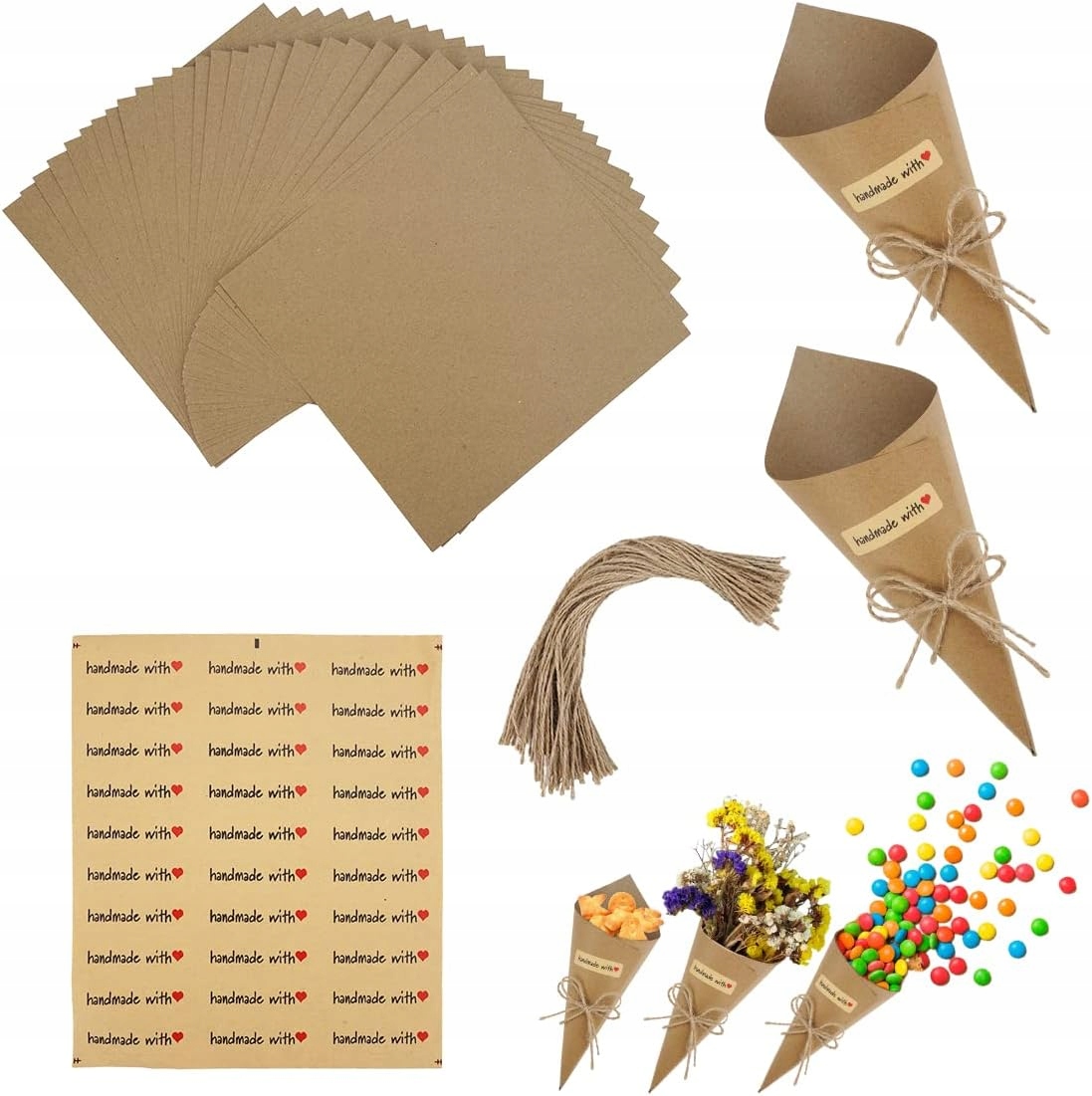 Zestaw 30 stożków z papieru kraft DIY na konfetti i ryż – dekoracje vintage na wesele i imprezy