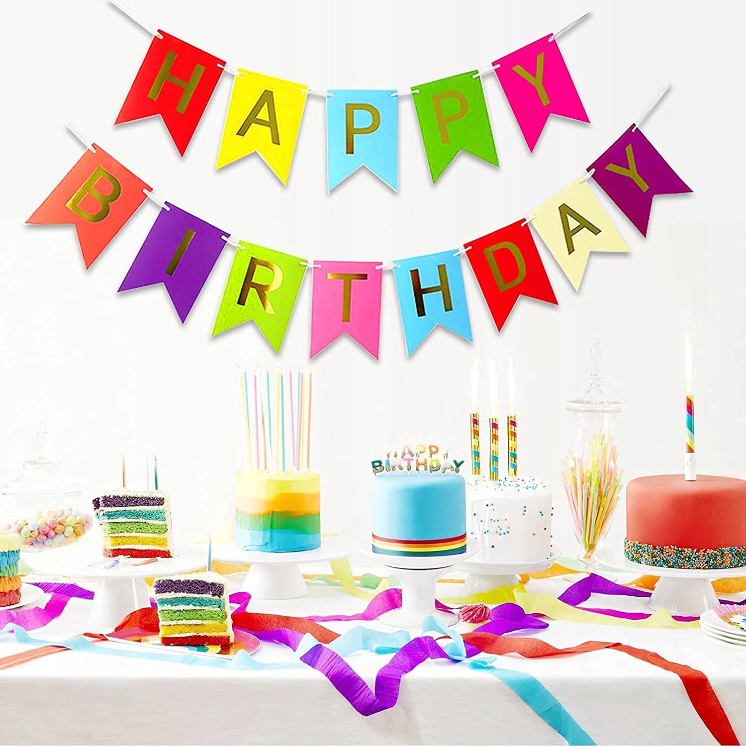 DEKORACJA URODZINOWA BANER FLAGI GIRLANDA KOLOROWA Z NAPISEM HAPPY BIRTHDAY