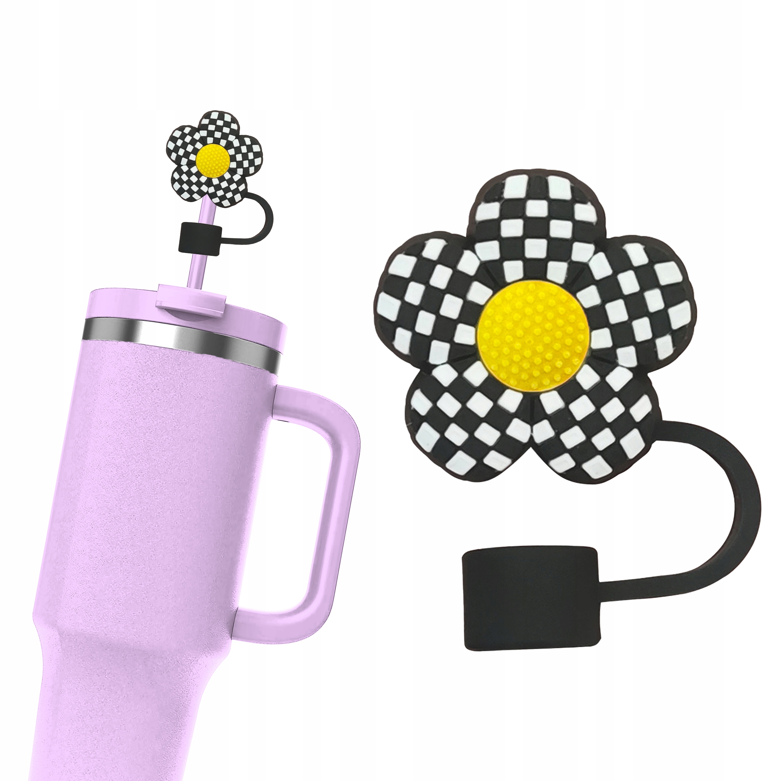Silikonowa Zatyczka na Słomkę Kubek Stanley KWIAT STOKROTKA FLOWERS KRATKA