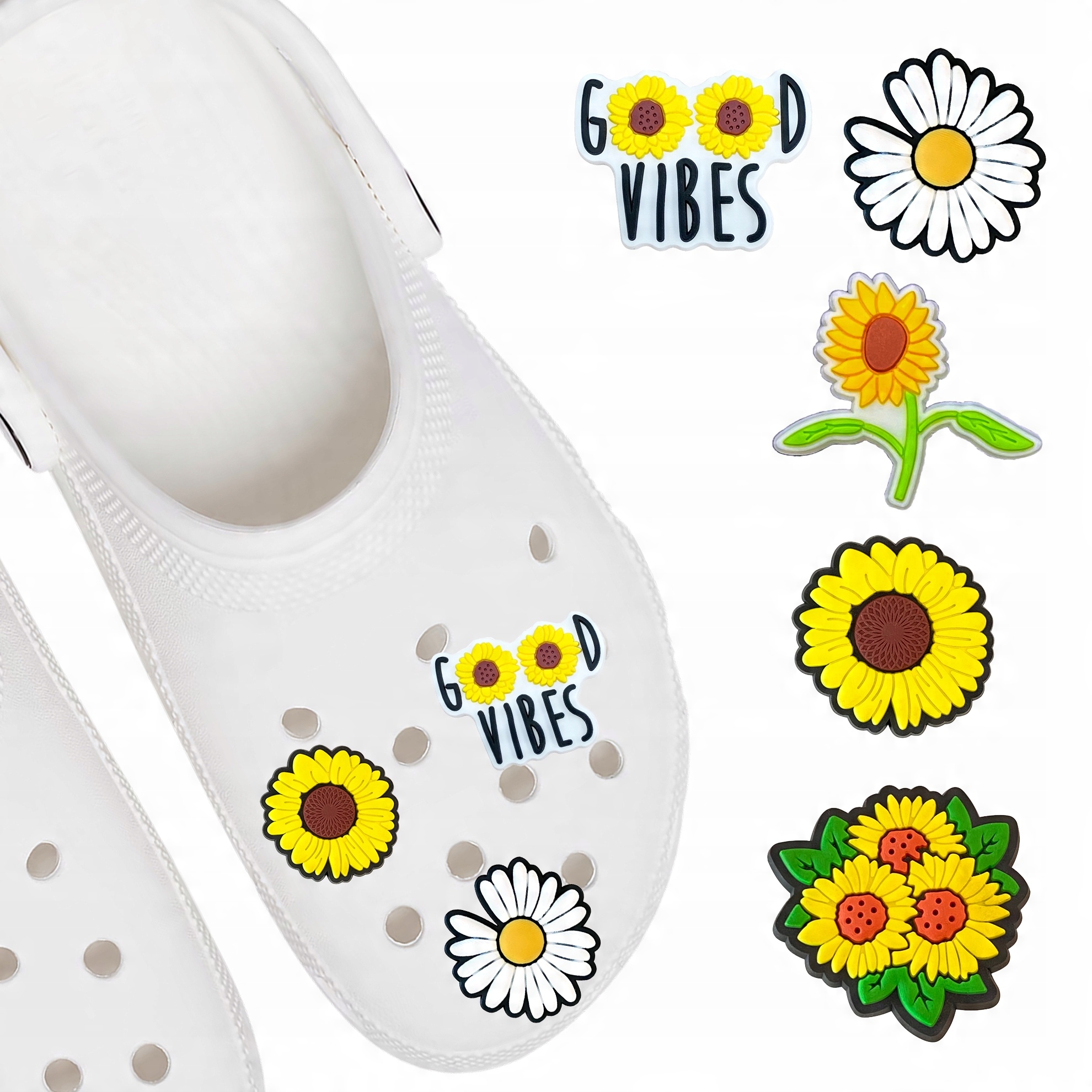 Przypinki do Crocs SŁONECZNIKI KWIATY do butów telefonu torby zestaw 5 szt